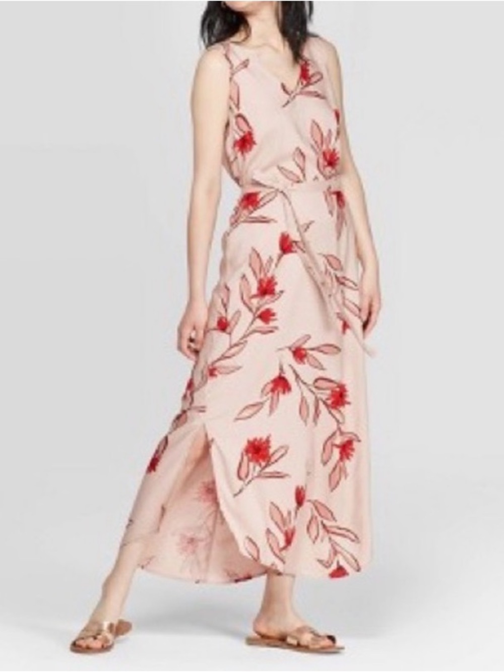 A New Day sleeveless pink floral maxi dress V-neckline Slit Side / Small